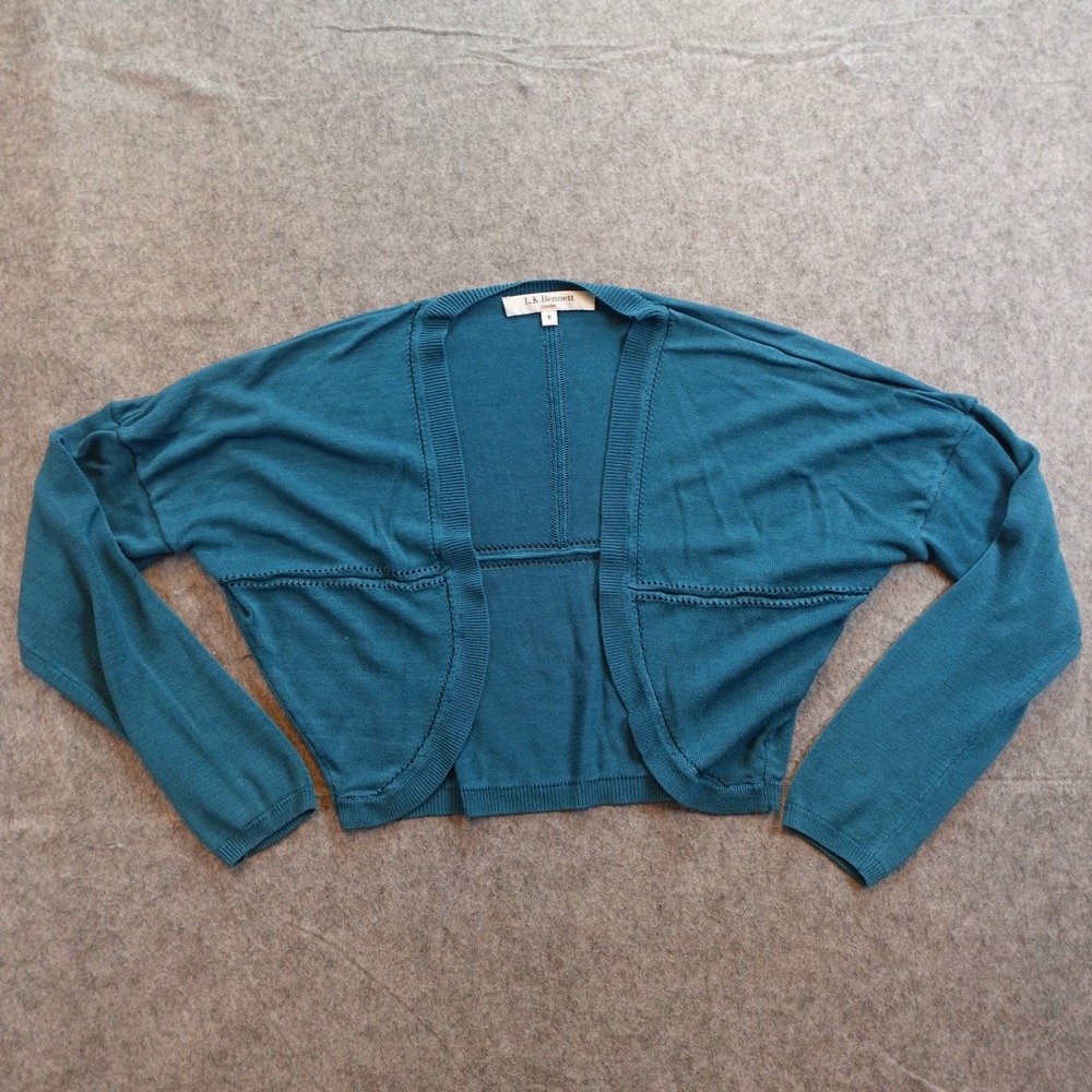 LK Bennett Cardigan Women Small Teal Pointelle Knit Cropped Bolero Shrug